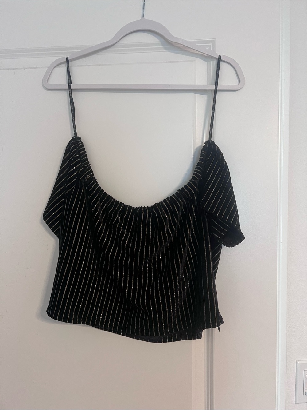 Forever 21 Black Velvet Pinstripe Off-Shoulder Crop Top